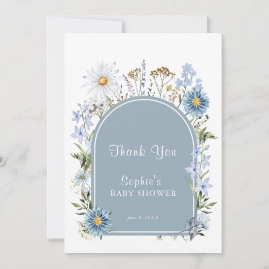 Dusty Blue Wildblume Baby in Bloom Baby Shower Dankeskarte (Vorderseite)