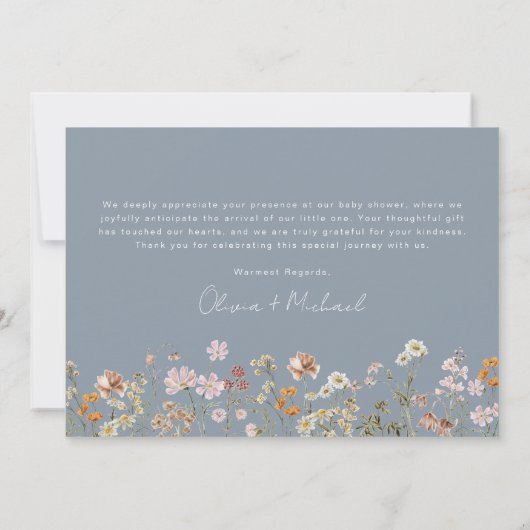 Dusty Blue Wildblume Baby in Bloom Baby Shower Dankeskarte (Rückseite)