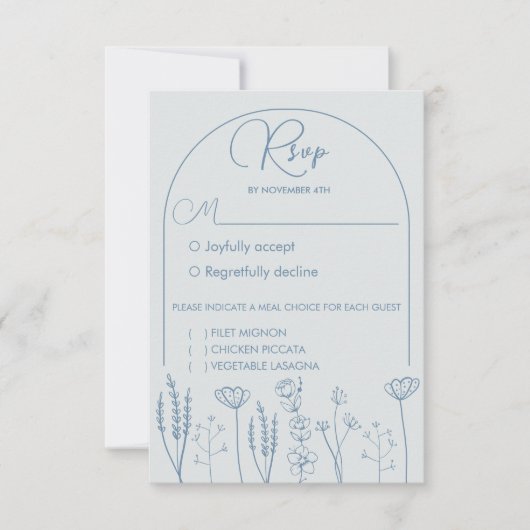 Dusty Blue Wildblume Bohemisch Arch Wedding RSVP Karte (Vorderseite)