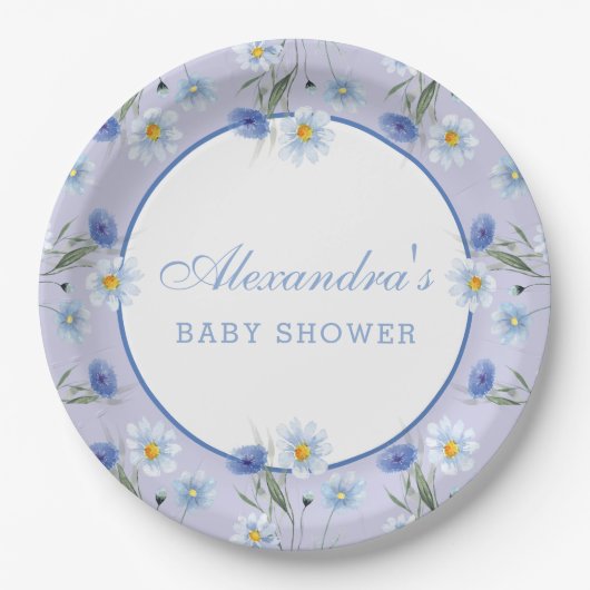 Dusty Blue Wildblume Boho Baby Shower Pappteller (Vorderseite)