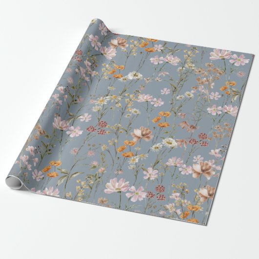 Dusty Blue Wildblume Boho Bloom Garden Boho Geschenkpapier (Ungerollt)