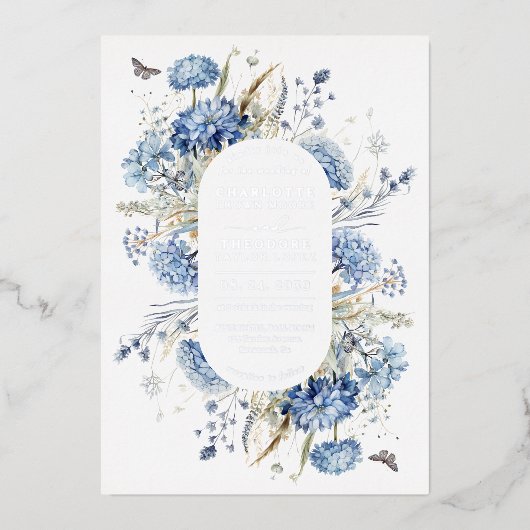 Dusty Blue Wildblume Boho Chic Garden Wedding Folieneinladung (Vorderseite)