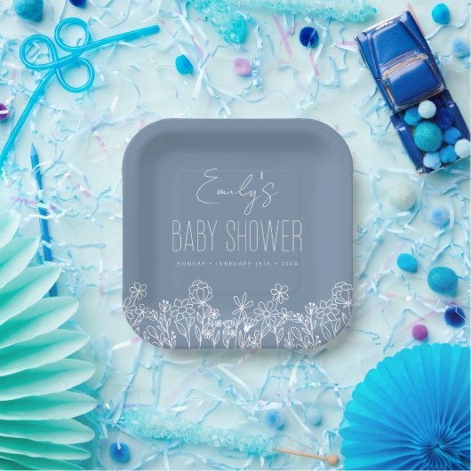 Dusty Blue Wildblume Boho Kinderdusche in Bloom Pappteller (Party)