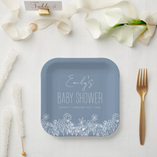 Dusty Blue Wildblume Boho Kinderdusche in Bloom Pappteller (Hochzeit)