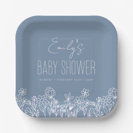Dusty Blue Wildblume Boho Kinderdusche in Bloom Pappteller (Vorderseite)