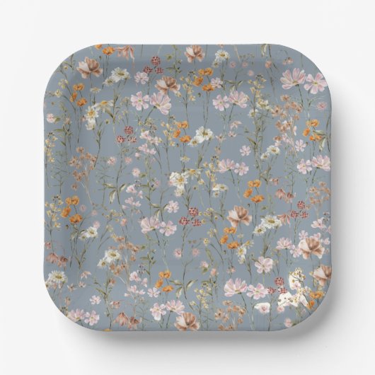 Dusty Blue Wildblume Boho Kinderdusche in Bloom Pappteller (Vorderseite)