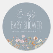 Dusty Blue Wildblume Boho Kinderdusche in Bloom Runder Aufkleber (Vorderseite)