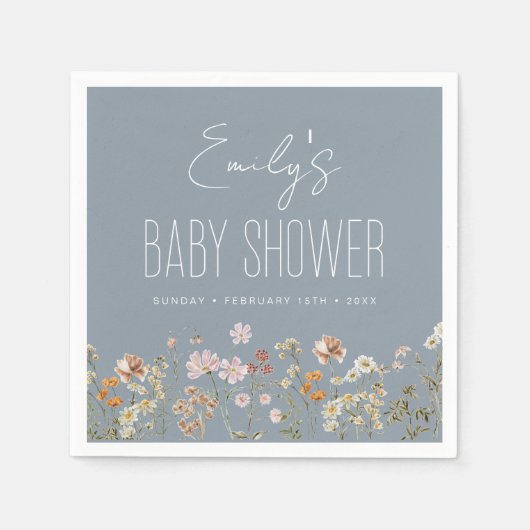 Dusty Blue Wildblume Boho Kinderdusche in Bloom Serviette (Vorderseite)