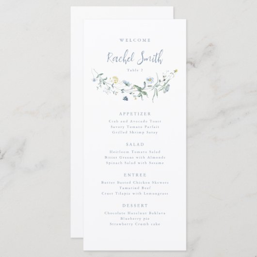 Dusty Blue Wildblume Boho Wedding Guest Name Menükarte (Vorne/Hinten)