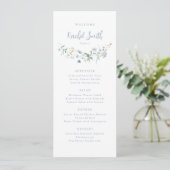 Dusty Blue Wildblume Boho Wedding Guest Name Menükarte (Stehend Vorderseite)