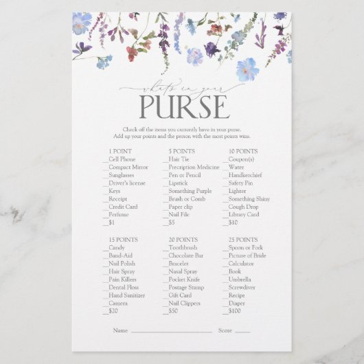 Dusty Blue Wildblume Brautparty Game (Vorderseite)