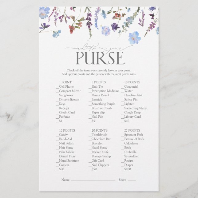 Dusty Blue Wildblume Brautparty Game (Vorderseite)