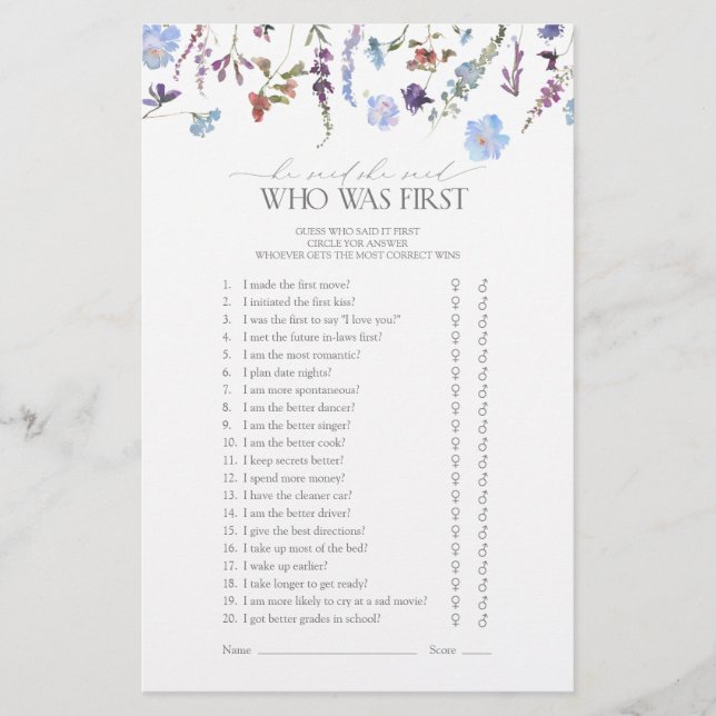 Dusty Blue Wildblume Brautparty Game (Vorderseite)