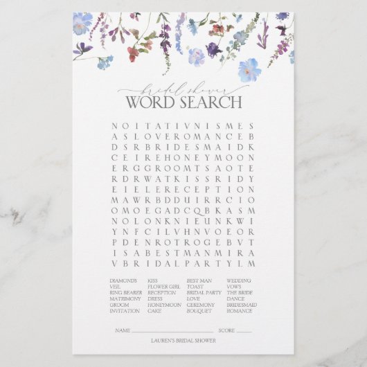 Dusty Blue Wildblume Brautparty Game (Vorderseite)