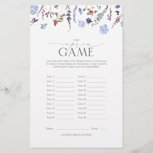 Dusty Blue Wildblume Brautparty Game (Vorderseite)