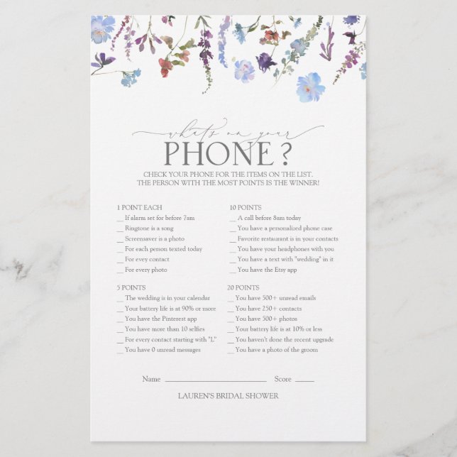 Dusty Blue Wildblume Brautparty Game (Vorderseite)