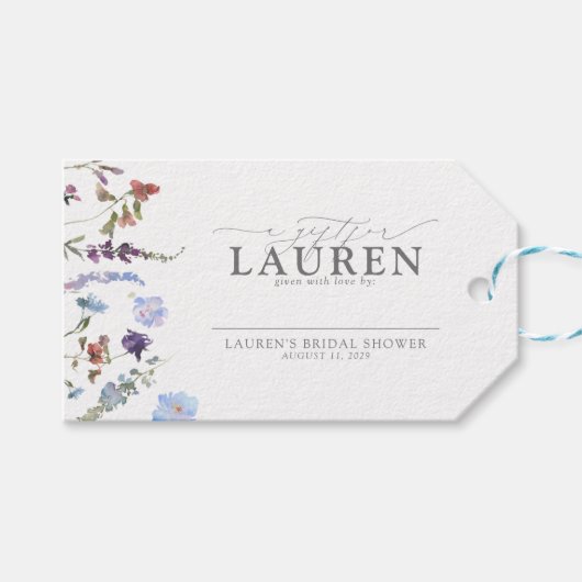 Dusty Blue Wildblume Brautparty No Wrap Geschenkanhänger (Vorderseite (Horizontal))