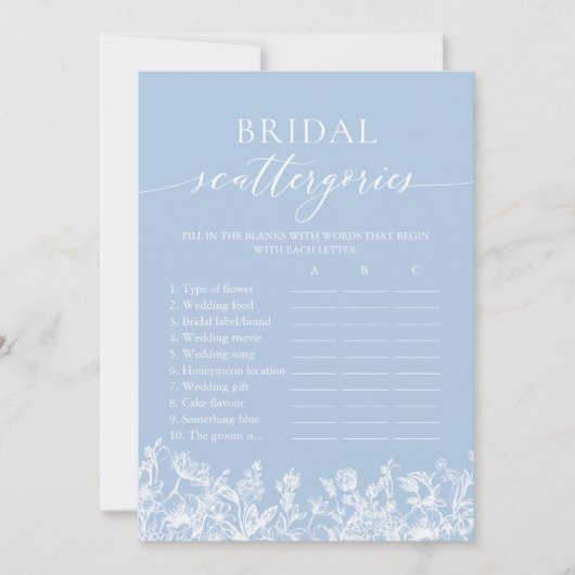 Dusty Blue Wildblume Bridal Scattergories Game Einladung (Vorderseite)
