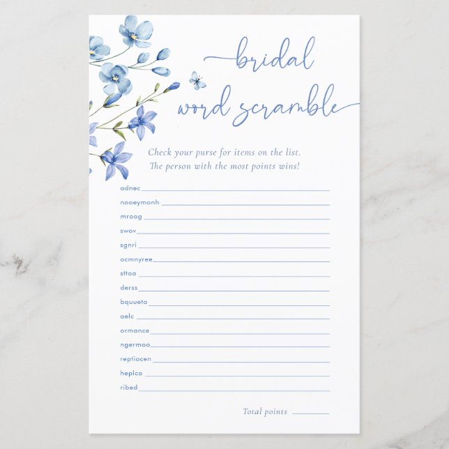 Dusty Blue Wildblume Bridal Word Scramble Game (Vorderseite)