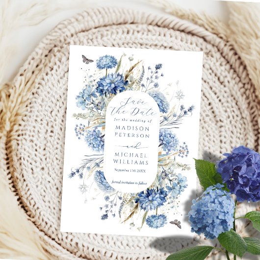 Dusty Blue Wildblume & Butterfly Elegante Hochzeit Save The Date