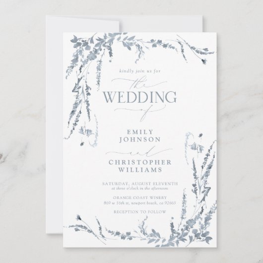 Dusty Blue Wildblume Calligraphy Wedding Einladung (Vorderseite)