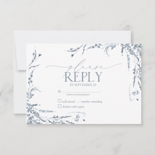 Dusty Blue Wildblume Calligraphy Wedding RSVP (Rückseite)