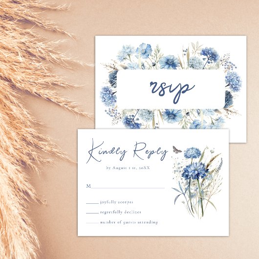 Dusty Blue Wildblume Elegant Boho Wedding RSVP Karte