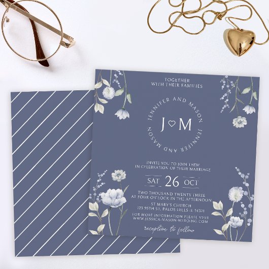 Dusty Blue Wildblume elegante Monogram Wedding Einladung