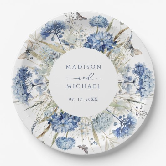 Dusty Blue Wildblume Floral Boho Wedding Pappteller (Vorderseite)