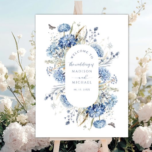 Dusty Blue Wildblume Floral Boho Wedding Willkomme Poster