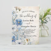 Dusty Blue Wildblume Foto QR Code Hochzeit Einladung (Stehend Vorderseite)