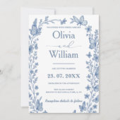 Dusty Blue Wildblume Foto Wedding Einladung (Vorderseite)