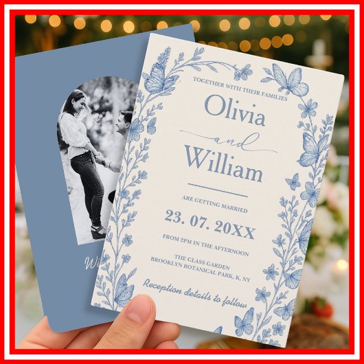 Dusty Blue Wildblume Foto Wedding Einladung