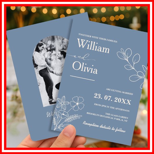 Dusty Blue Wildblume Foto Wedding Einladung