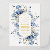 Dusty Blue Wildblume Garden Wedding Gold Folieneinladung (Vorderseite)