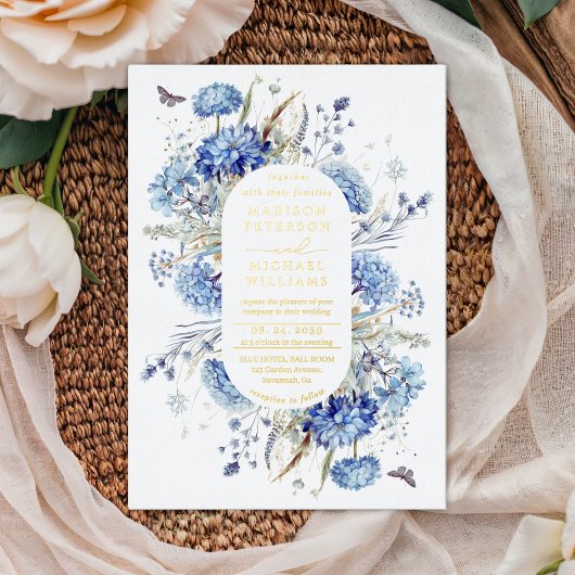 Dusty Blue Wildblume Garden Wedding Gold Folieneinladung