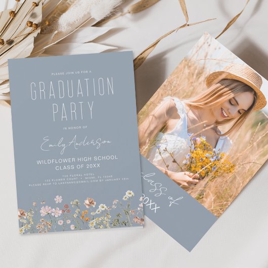 Dusty Blue Wildblume Graduation Party Boho Bloom Einladung