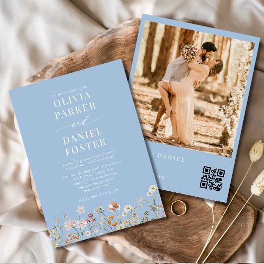 Dusty Blue Wildblume QR Code Foto Boho Wedding Einladung