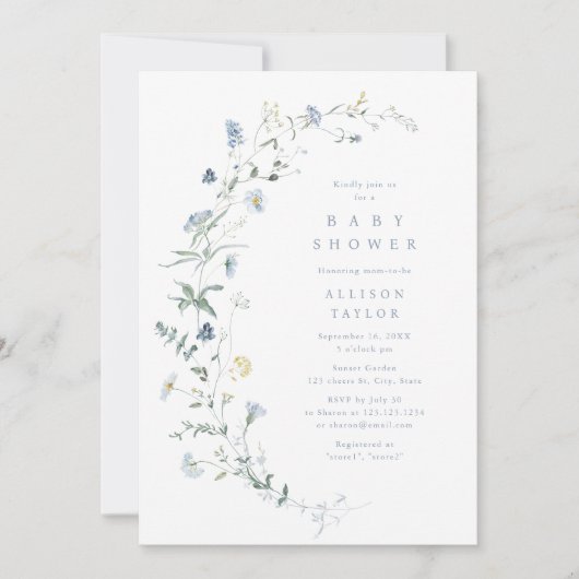 Dusty Blue Wildblume Rustic Boho Babydusche Einladung (Vorderseite)
