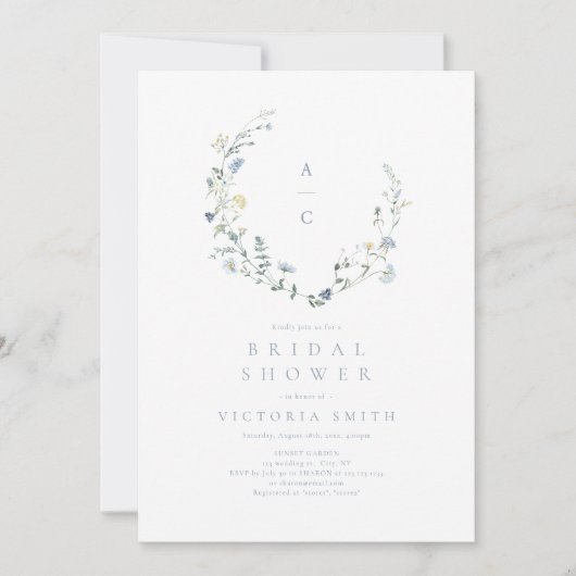 Dusty Blue Wildblume Rustic Boho Brautparty Einladung (Vorderseite)