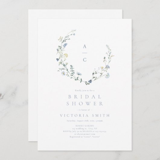 Dusty Blue Wildblume Rustic Boho Brautparty Einladung (Vorne/Hinten)