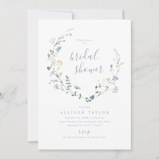 Dusty Blue Wildblume Rustic Boho Brautparty Einladung (Vorderseite)