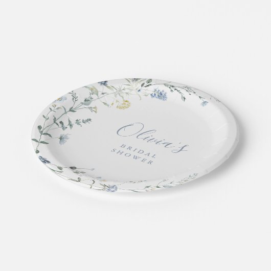 Dusty Blue Wildblume Rustic Boho Brautparty Pappteller (Schrägansicht)