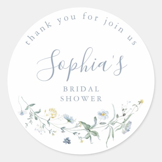 Dusty Blue Wildblume Rustic Boho Brautparty Runder Aufkleber (Vorderseite)