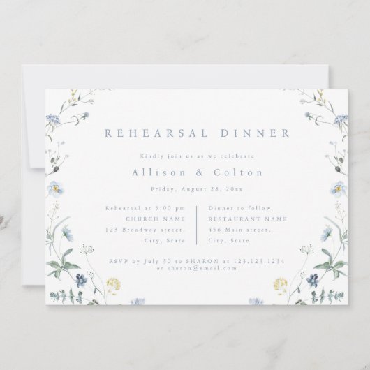 Dusty Blue Wildblume Rustic Boho Probe Dinner Einladung (Vorderseite)
