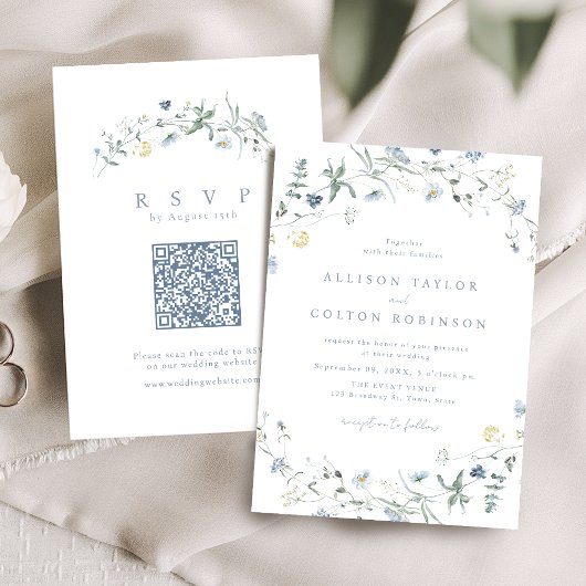 Dusty Blue Wildblume Rustic Boho Wedding Foto Einladung