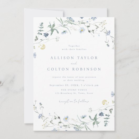 Dusty Blue Wildblume Rustic Boho Wedding Foto Einladung (Vorderseite)