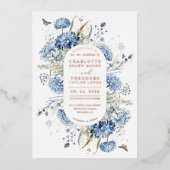 Dusty Blue Wildblume Rustic Wedding Rose Gold Folieneinladung (Vorderseite)