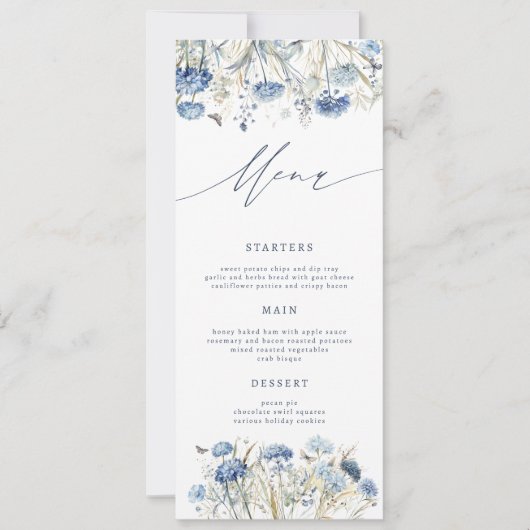 Dusty Blue Wildblume Wedding Menu Card Einladung (Vorderseite)