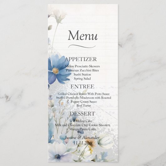 Dusty Blue Wildblume Wedding Menu Menükarte (Vorderseite)